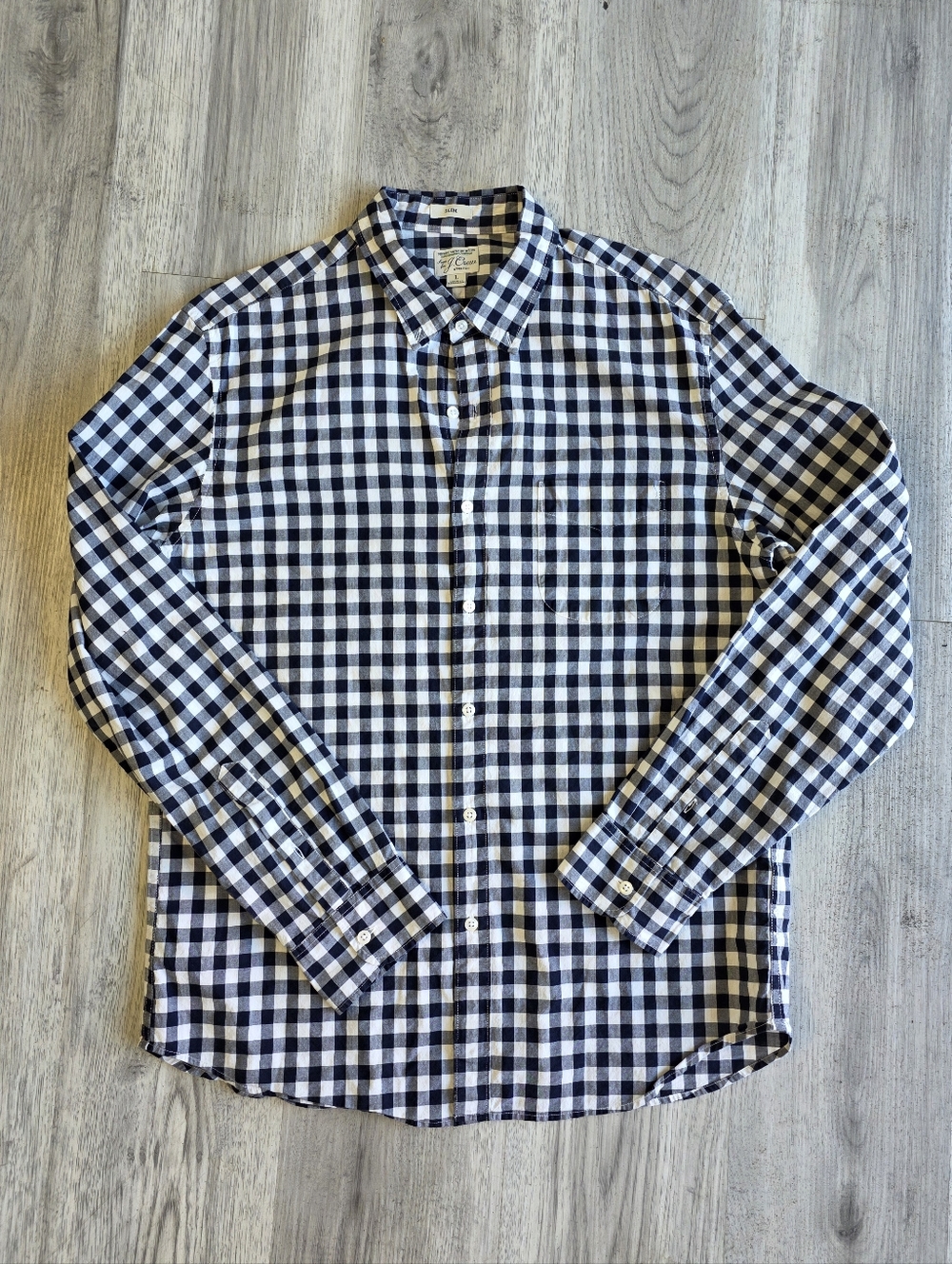 J Crew Secret Wash Shirt Mens Large Slim Stretch Organic Cotton Navy Gingham Pla